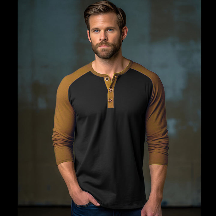 Herren Langarm-Henley-Shirt mit kontrastierenden Ärmel und modischem Knopfdesign Echoarchiv