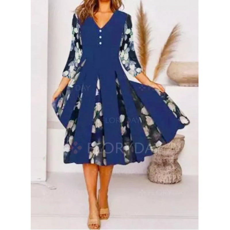 Damen V-Ausschnitt Midi-Kleid mit fließendem Rock und floralem Ärmeldesign Echoarchiv