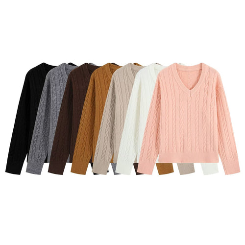 Damen Oversize Zopfmuster-Pullover mit V-Ausschnitt und breitem Rippbündchen Echoarchiv