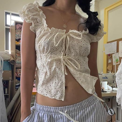 Damen Rüschenshirt mit tiefer Taille und Bindebändern Echo Archiv