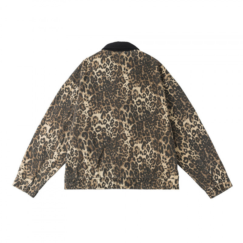 Unisex Kastenförmige Jeansjacke im Leopardenmuster mit Cordkragen, Reißverschluss und Fransenbesatz Echo Archiv
