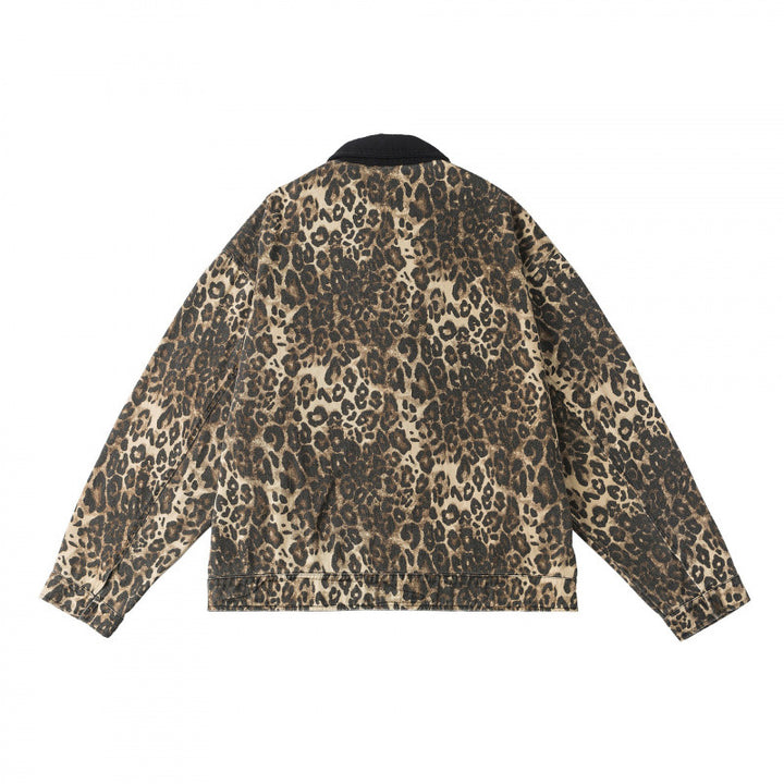 Unisex Kastenförmige Jeansjacke im Leopardenmuster mit Cordkragen, Reißverschluss und Fransenbesatz Echo Archiv