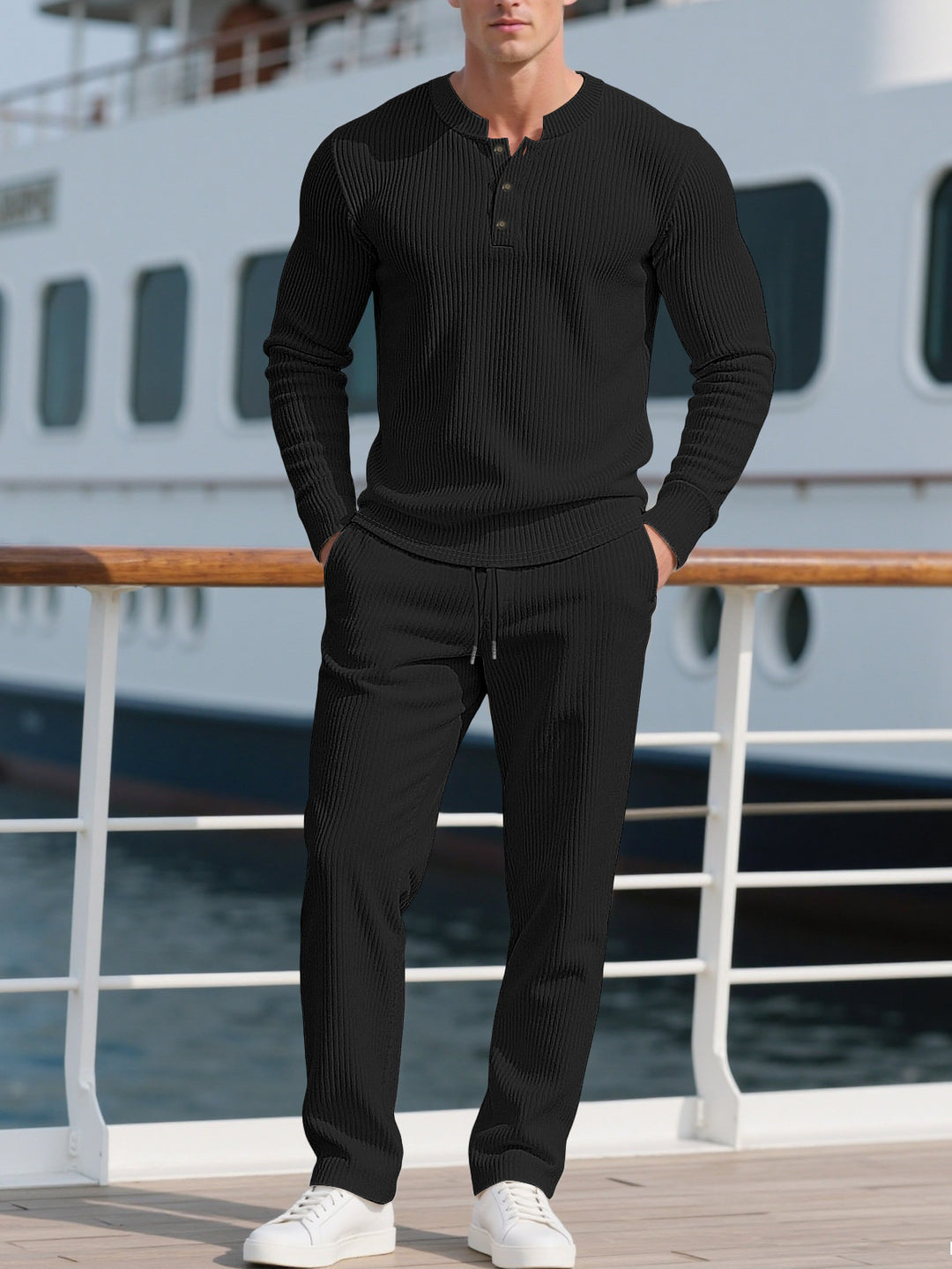 Herren Komfortabler Langarm-Hoodie mit modischer Knopfleiste und elastischer Bundverarbeitung Echoarchiv