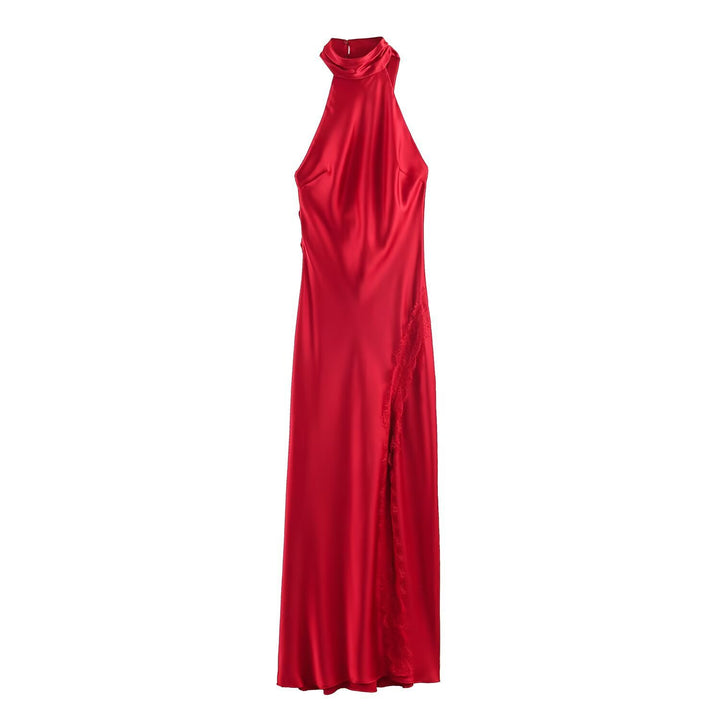 Damen Lange Abendrobe mit elegantem Kragen und Spitzenakzenten Echo Archiv