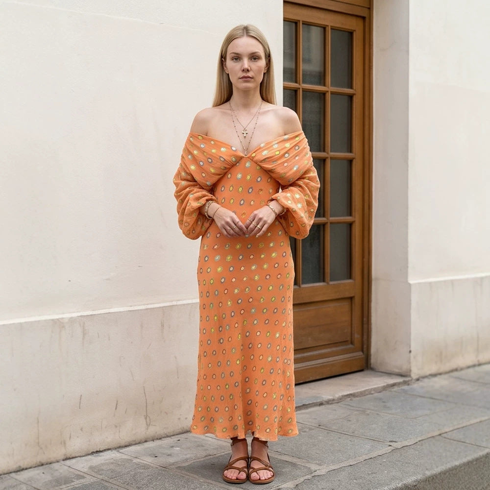 Damen Elegantes Off-Shoulder Maxikleid mit gedrehtem Vorderteil und Ballonärmeln Echoarchiv