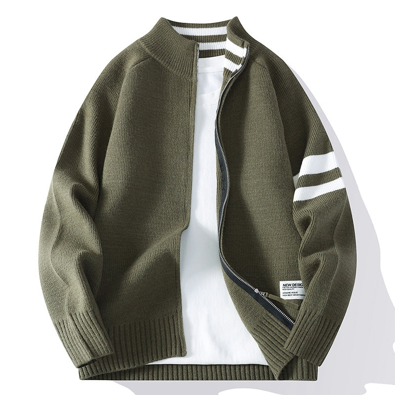 Herren nan gestrickte Zip-Cardigan im College-Stil mit gestreiftem Ärmelband und geripptem Stehkragen Echo Archiv