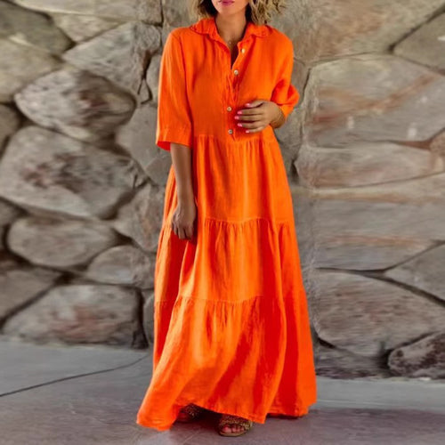 Damen nan sommerliches Leinenmix Stufenmaxikleid mit Hemdkragen, geraffter Taille und ellbogenlangen Ärmeln Echo Archiv