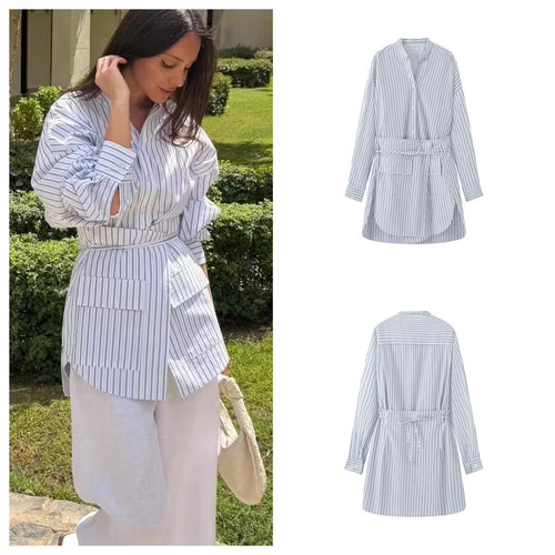 Damen Hemdblusenkleid mit Taillengürtel, Mandarin-Kragen und aufgesetzten Taschen Echo Archiv