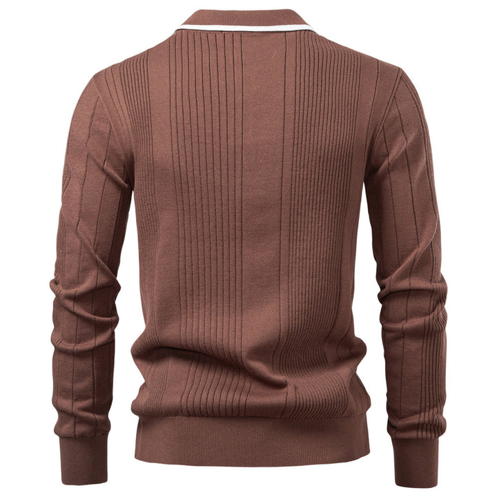 Herren nan langärmeliger Polopullover aus Feinstrick mit vertikalen Rippenintarsien und Kontrastkanten Echo Archiv