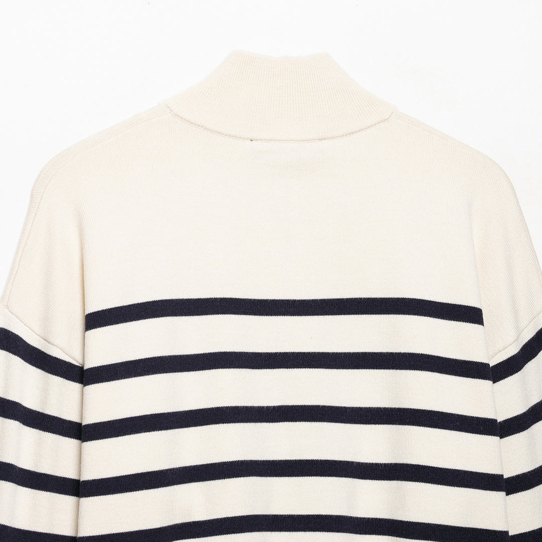Damen Gestreifter Half-Zip Strickpullover mit Stehkragen Echoarchiv