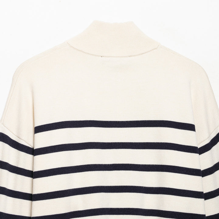 Damen Gestreifter Half-Zip Strickpullover mit Stehkragen Echoarchiv