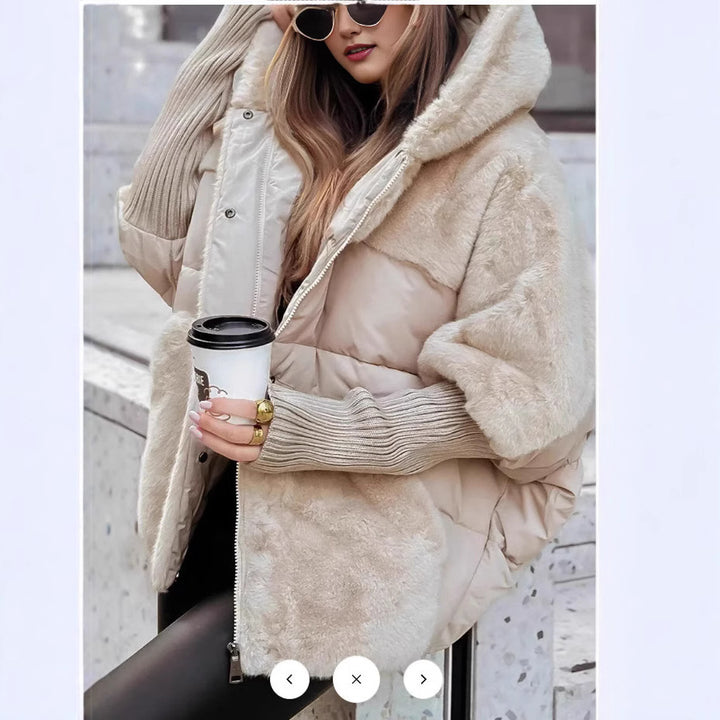 Damen nan oversized gesteppte Winterjacke mit Kunstfellpanelen, Kapuze und integrierten Rippenärmel-Details Echo Archiv