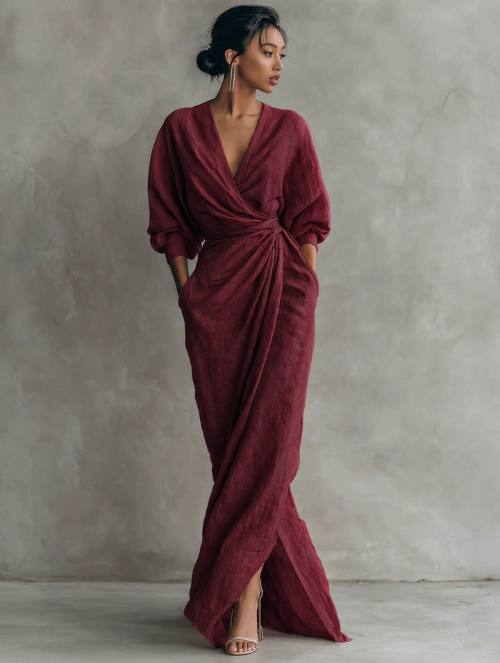 Damen Wickel-Maxikleid aus Leinenmix mit tiefem V-Ausschnitt und Ballonärmeln Echoarchiv