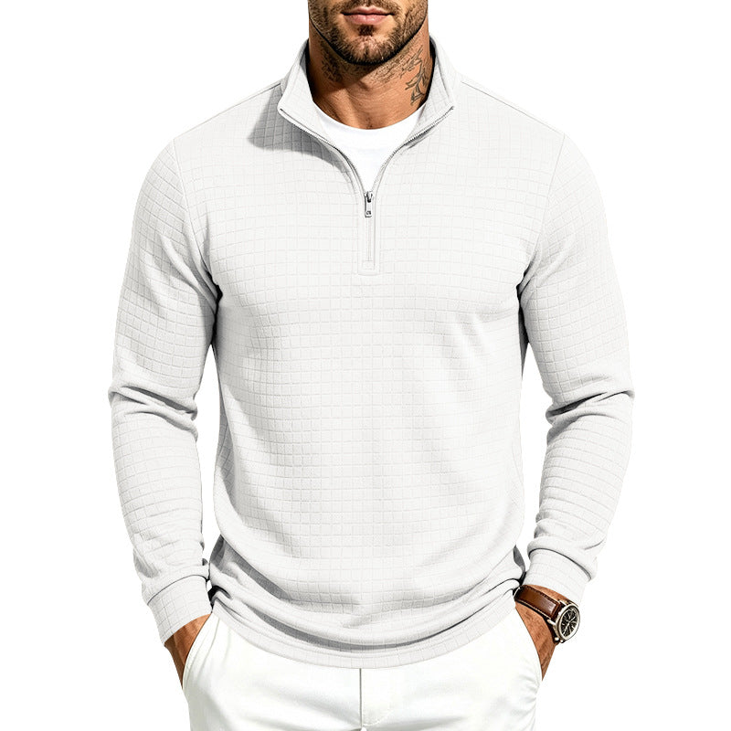Herren Slim-Fit Pullover mit halbem Reißverschluss und geprägter Quadratstruktur Echoarchiv