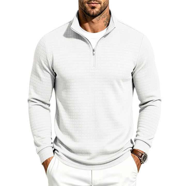 Herren Slim-Fit Pullover mit halbem Reißverschluss und geprägter Quadratstruktur Echoarchiv