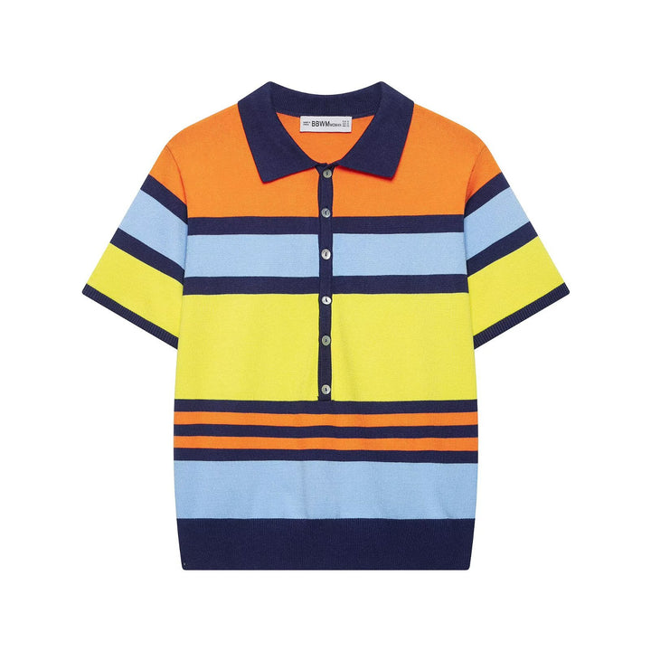 Damen Kurzärmeliges gestreiftes Feinstrick-Poloshirt mit durchgehender Knopfleiste Echo Archiv