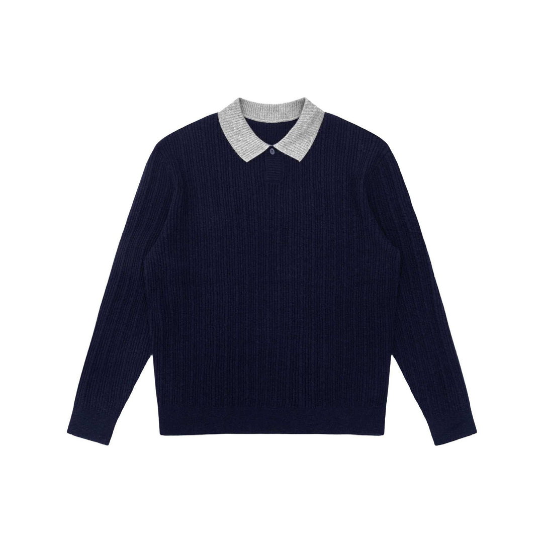 Herren Feinstrukturierter Rippstrick-Polo-Pullover mit Kontrastkragen Echoarchiv