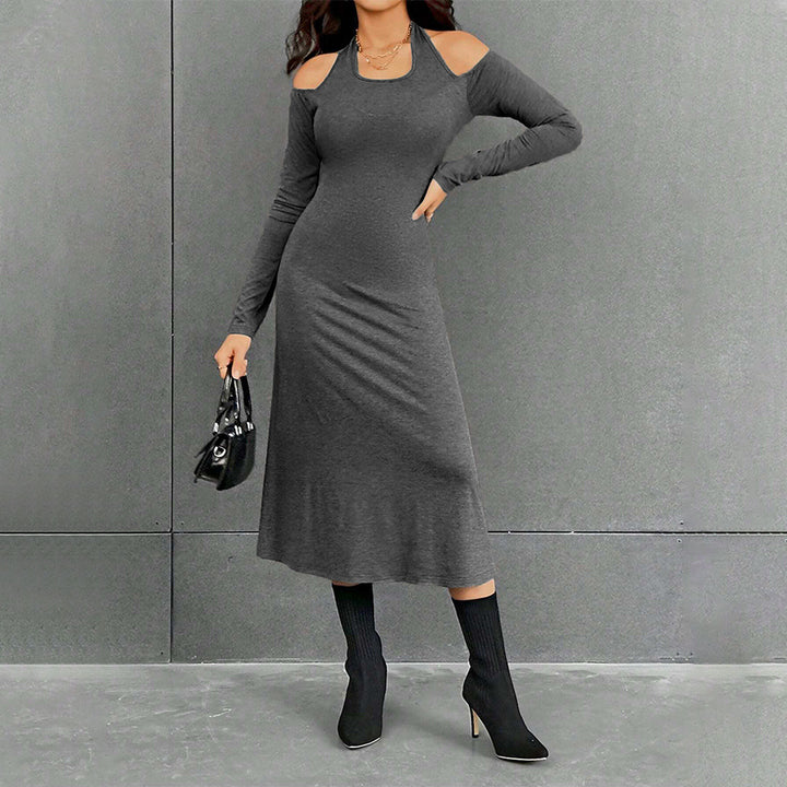 Damen figurbetontes Midikleid mit Neckholder, Cut-Out-Schultern und taillierter Jersey-Silhouette – Élara