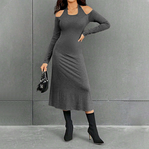 Damen figurbetontes Midikleid mit Neckholder, Cut-Out-Schultern und taillierter Jersey-Silhouette – Élara