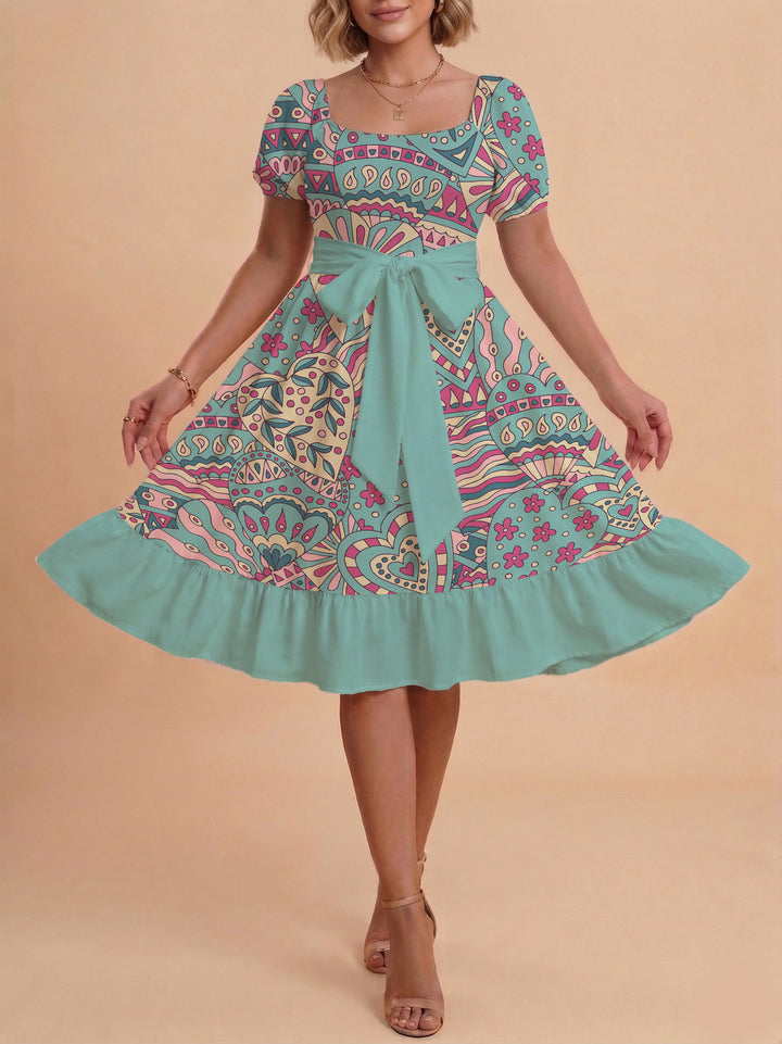 Damen A-Linien-Kleid mit floralen Motiven und taillierbarem Gürtel Echo Archiv