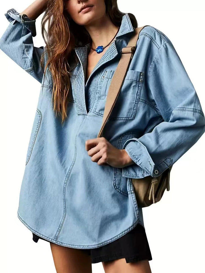 Damen Oversize-Denim-Tunika mit Henley-Ausschnitt und Kängurutasche Echo Archiv