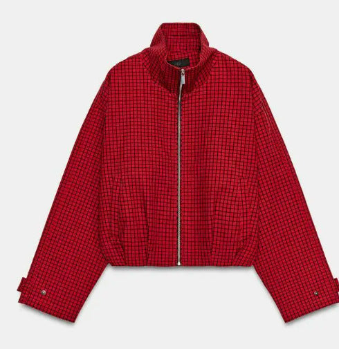 Damen Cropped Blousonjacke aus Webstoff mit Stehkragen, elastischem Saum und feinem Karo‑Design Echo Archiv