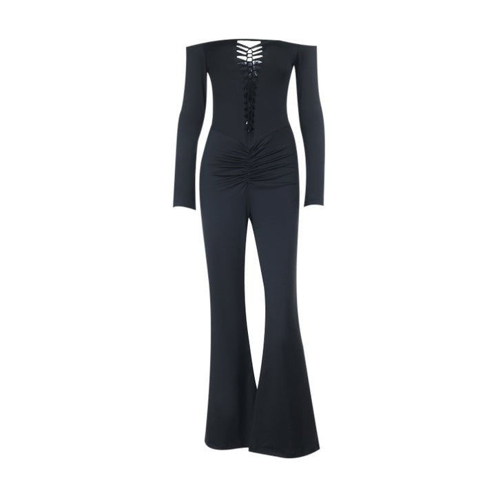 Damen schulterfreier figurnahe Jumpsuit mit Schnür-Bustier, Hüftraffung und Schlaghose – Avérine