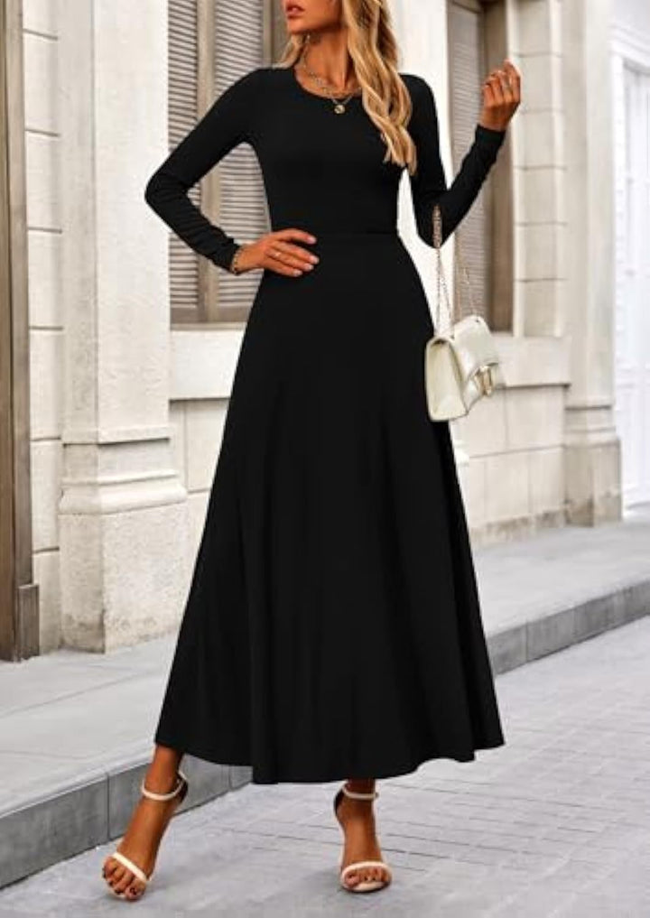 Damen Langärmeliges Maxikleid mit tailliertem Oberteil und fließendem A-Linien-Rock – Valéora
