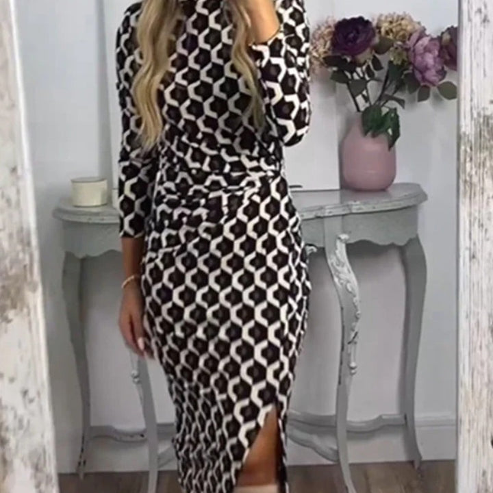 Damen Figurbetontes Midi-Kleid mit geometrischem Wabenmuster, Stehkragen und Seitenschlitz Echoarchiv