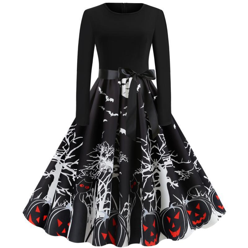Damen Vintage-inspiriertes Swingkleid mit Halloween-Motiv, taillierter Satinschärpe und langen Ärmeln – Élara