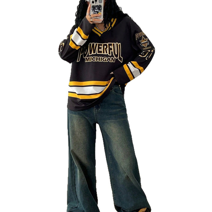 Damen Lässiges Oversized-Sweatshirt im Hockey-Look mit V-Ausschnitt und Blockstreifen – Avérine