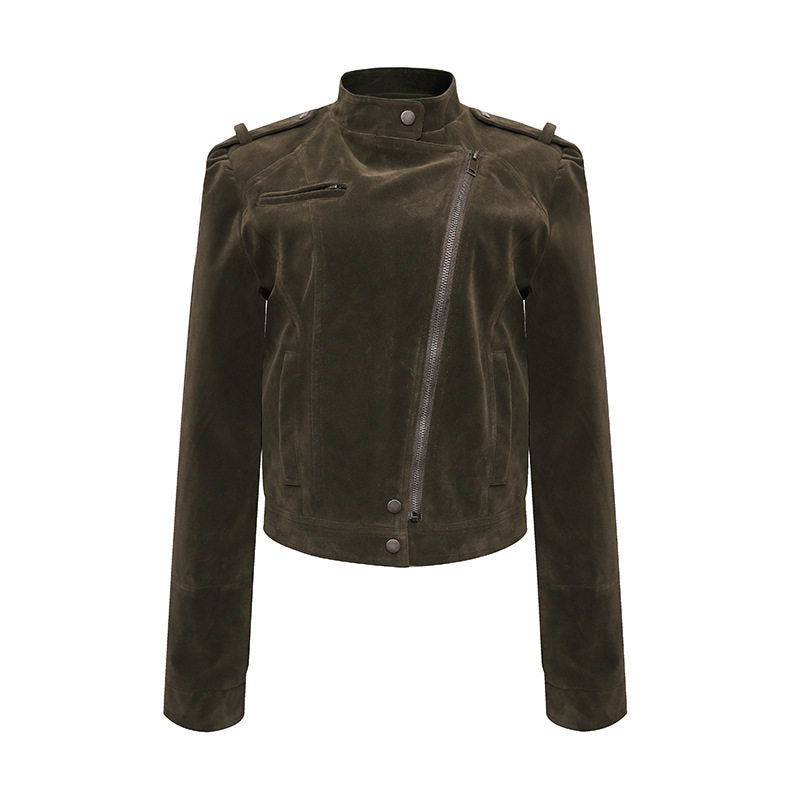 Damen Kurze Veloursleder-Bikerjacke mit asymmetrischem Reißverschluss und Stehkragen Echoarchiv