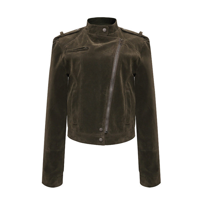 Damen Kurze Veloursleder-Bikerjacke mit asymmetrischem Reißverschluss und Stehkragen Echoarchiv