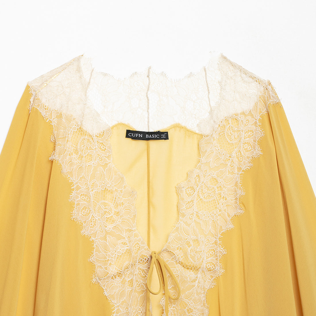 Damen Transparente Chiffon-Überwurfbluse mit Spitzenbesatz und Bindebändern Echoarchiv