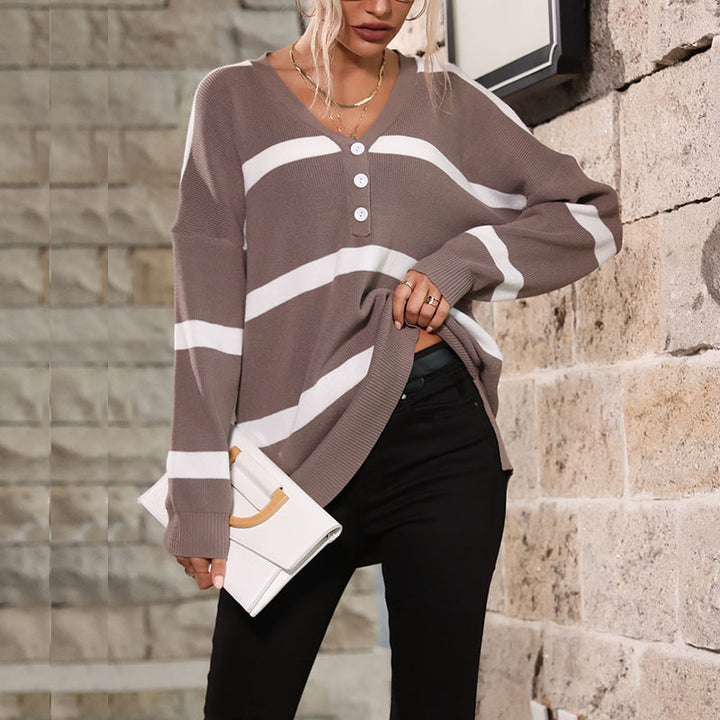 Damen Lässiger Strickpullover mit V-Ausschnitt und Knopfleiste Echo Archiv