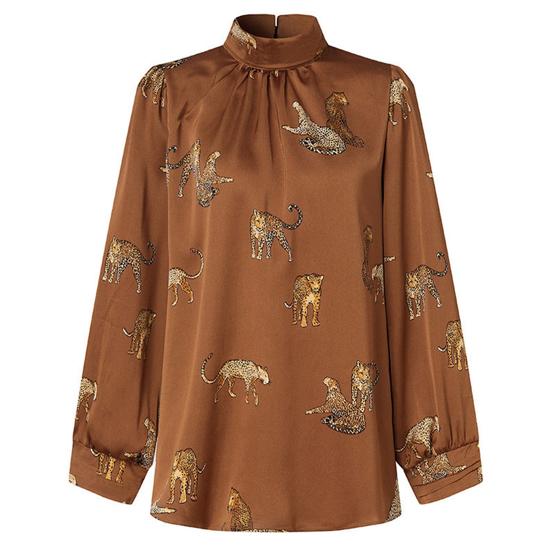 Damen Hochgeschlossenes Satinblusenshirt mit Stehkragen und Animal‑Print – Élovi