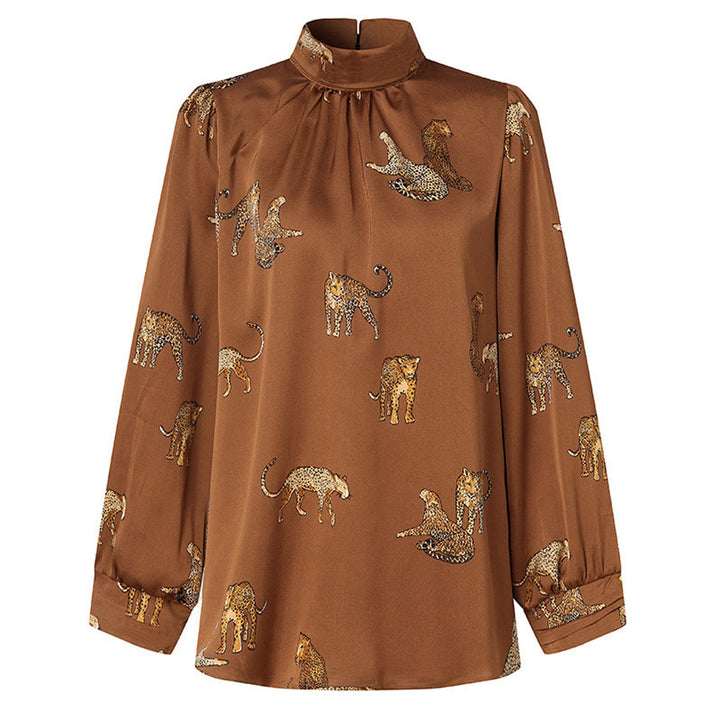 Damen Hochgeschlossenes Satinblusenshirt mit Stehkragen und Animal‑Print – Élovi