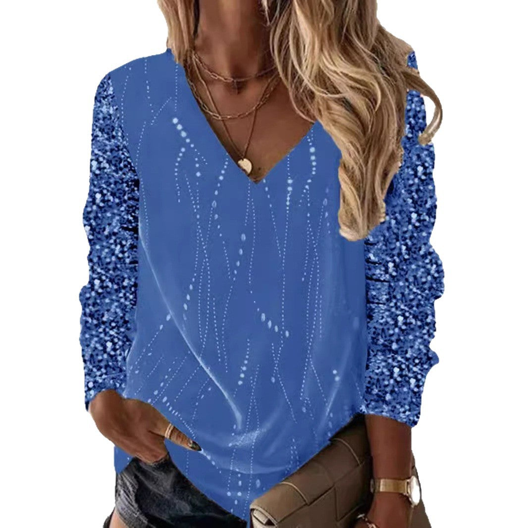 Damen Festliche V-Ausschnitt Bluse mit Paillettenärmeln und leichter Drapierung – Élovi