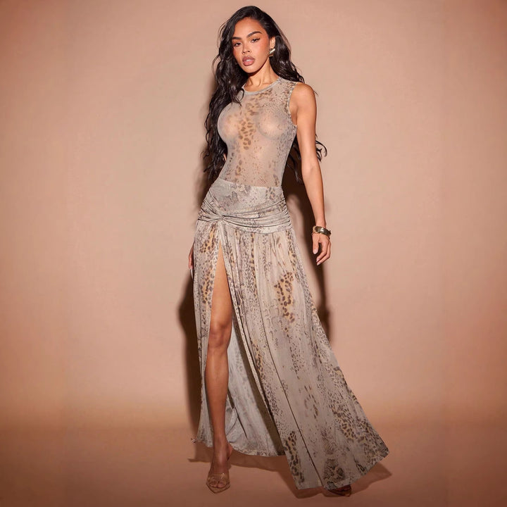 Damen Fließendes Strandkleid mit origineller Raffung und hohem Schlitz Echo Archiv