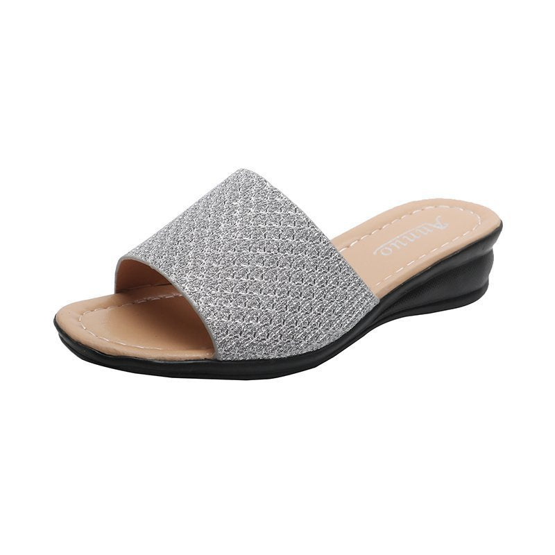 Damen nan Glitzerslipper mit breiter Riemenfront, offenem Zehenbereich, gepolstertem Komfortfußbett und leichtem Keilabsatz Echo Archiv