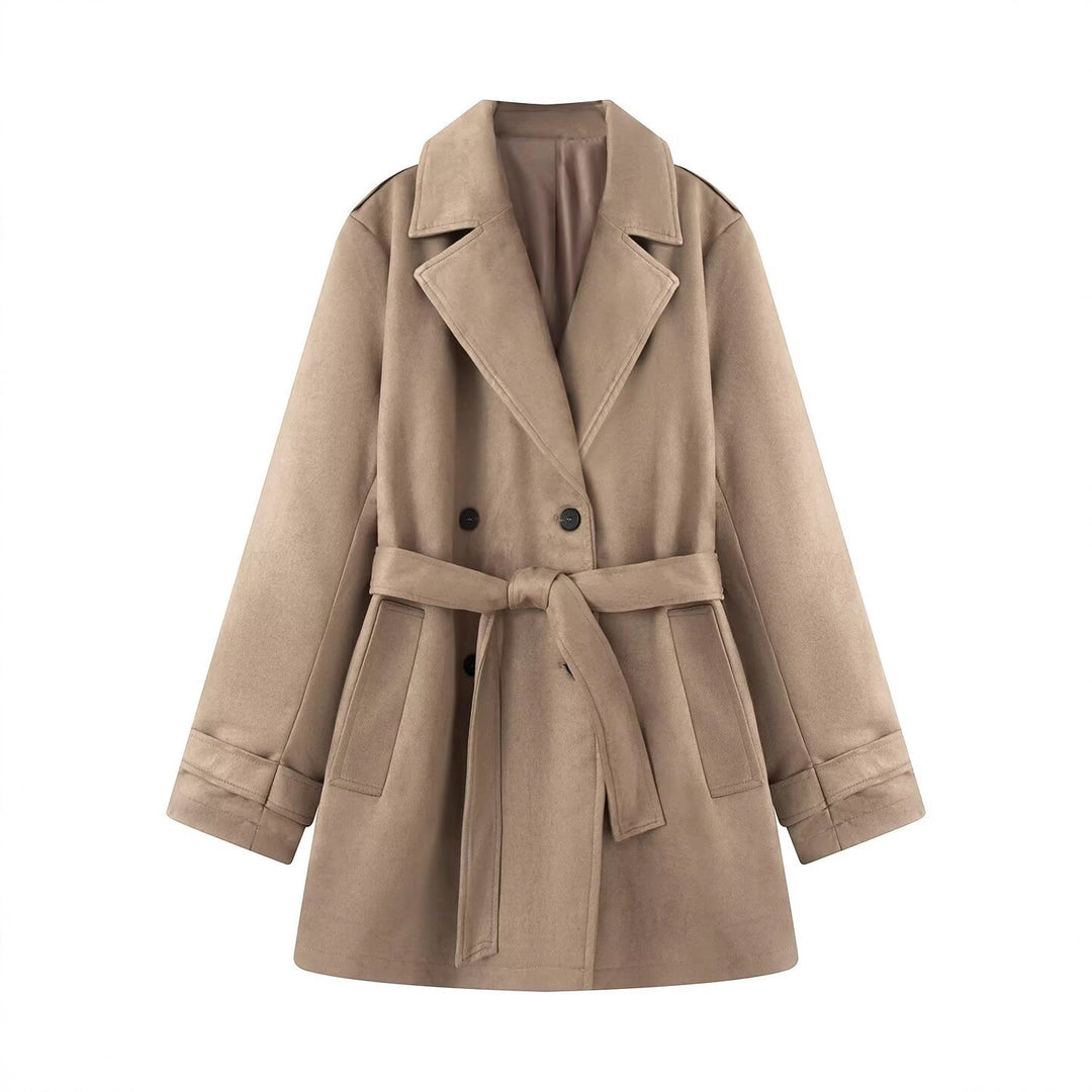 Damen Taillierter Wildlederoptik-Trenchcoat mit Bindegürtel und doppelreihiger Knopfleiste Echo Archiv