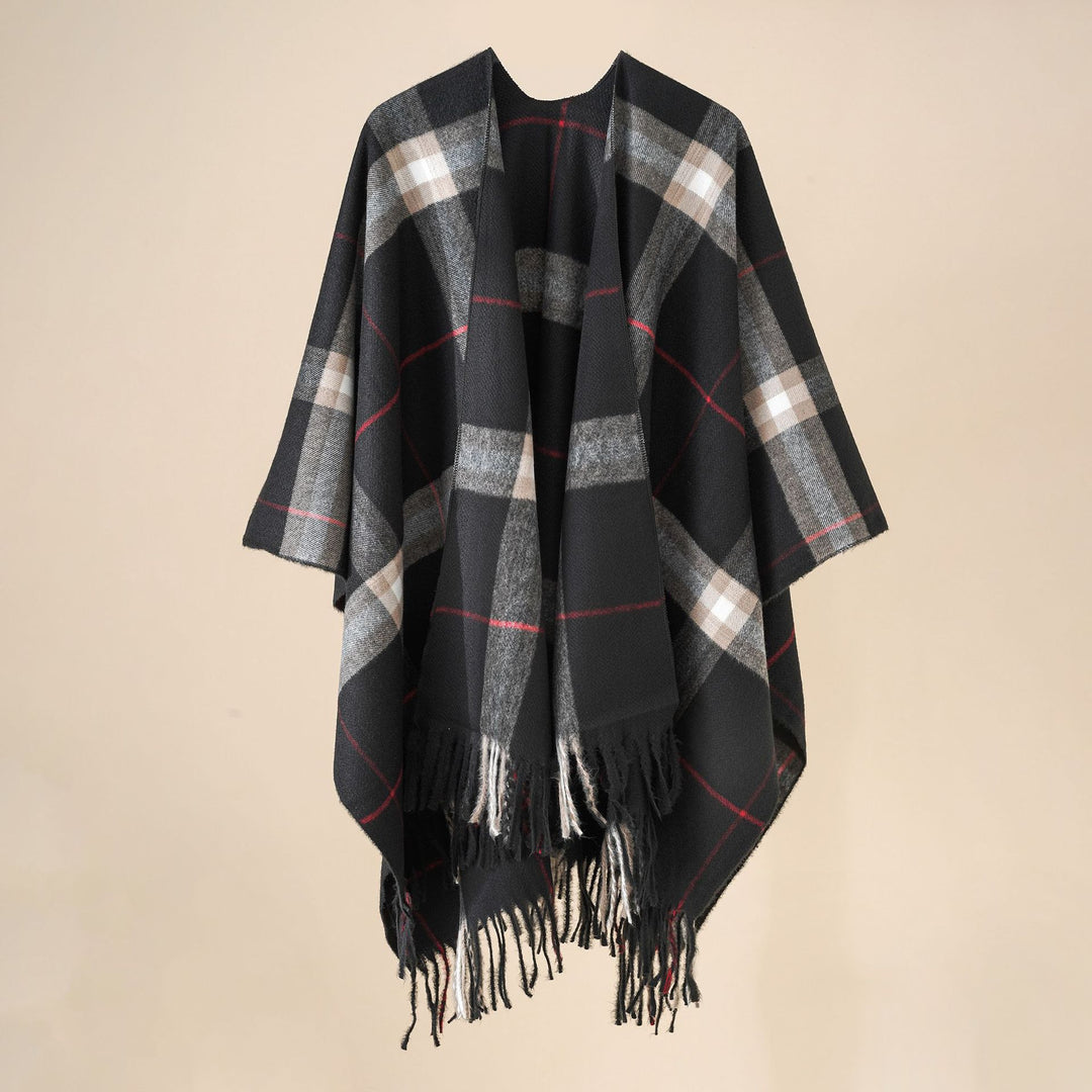 Damen Weit geschnittener Karierter Poncho mit Fransen und V‑Ausschnitt – Avérine