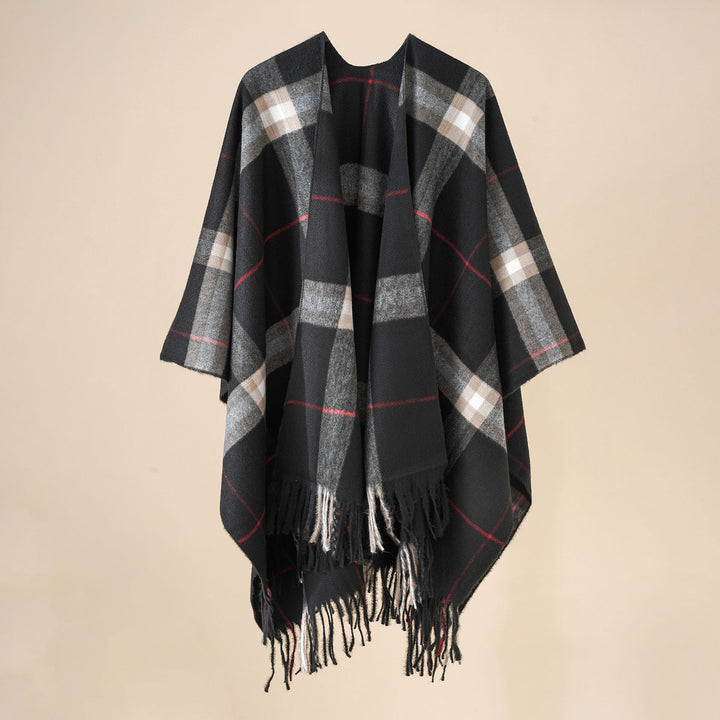 Damen Weit geschnittener Karierter Poncho mit Fransen und V‑Ausschnitt – Avérine