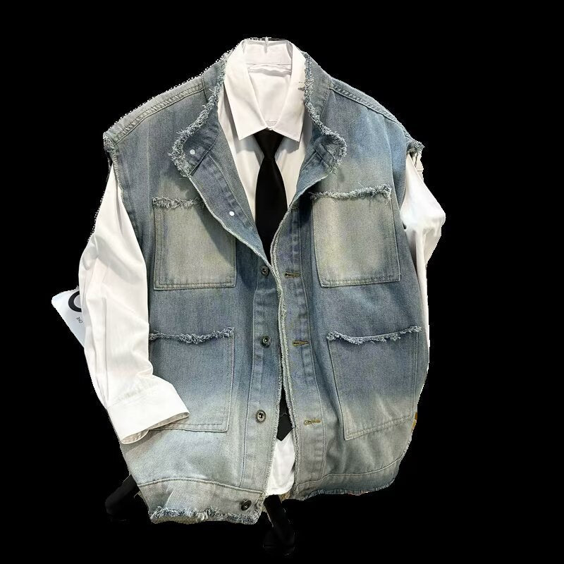 Herren Ärmellose Denim‑Weste im Vintage‑Used‑Look mit ausgefranster Saumkante und Ombre‑Fading Echoarchiv