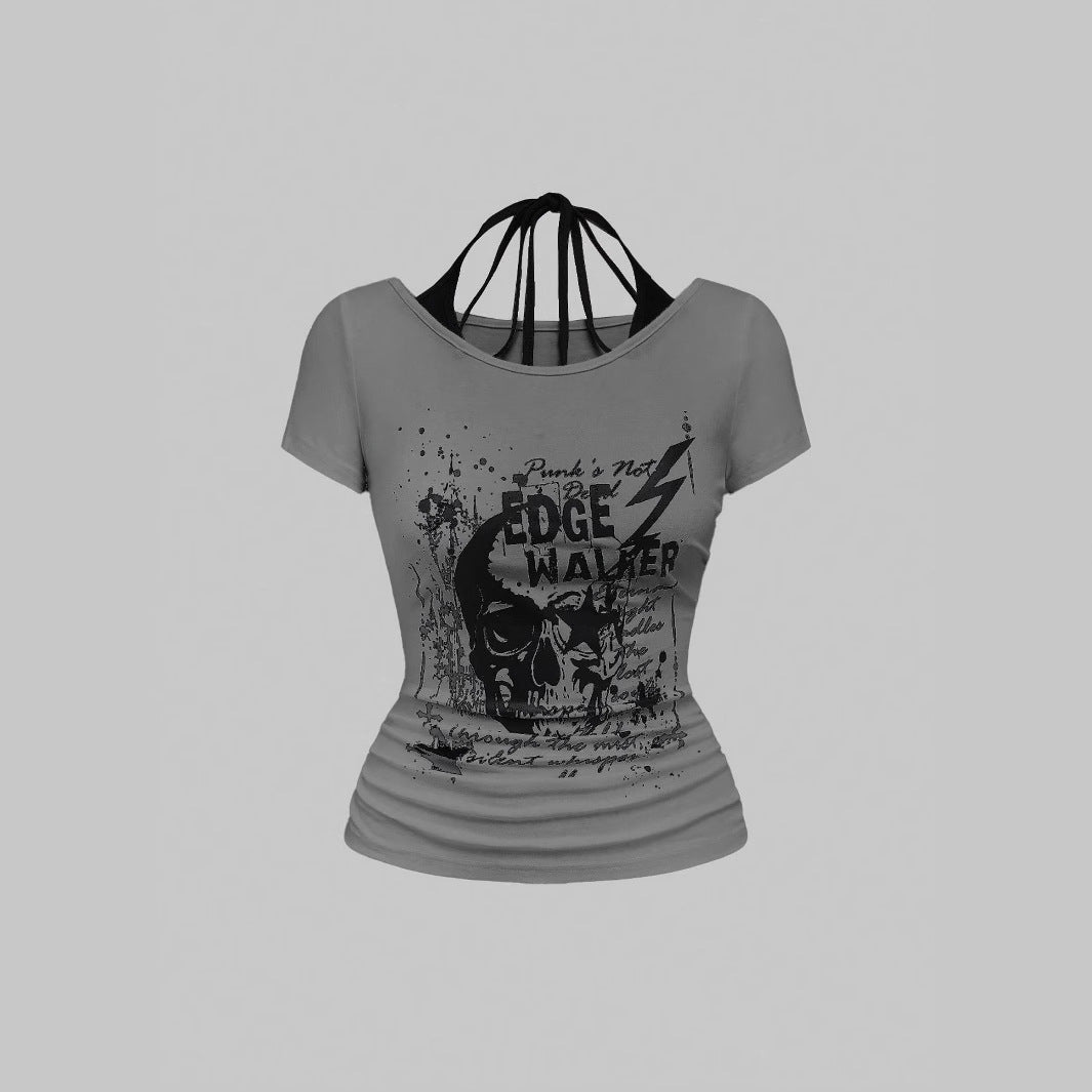 Damen kreatives Grafik-T-Shirt mit verführerischem Rückenausschnitt Echo Archiv