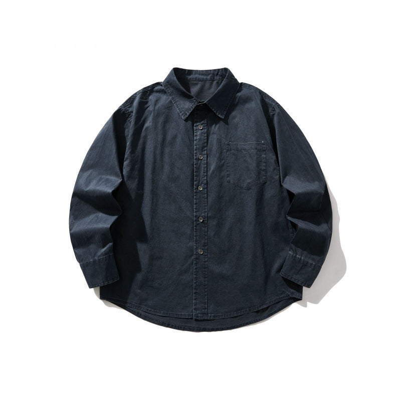 Unisex Oversize-Denim-Hemdjacke mit kastiger Silhouette, Brusttasche und gerundetem Saum Echo Archiv