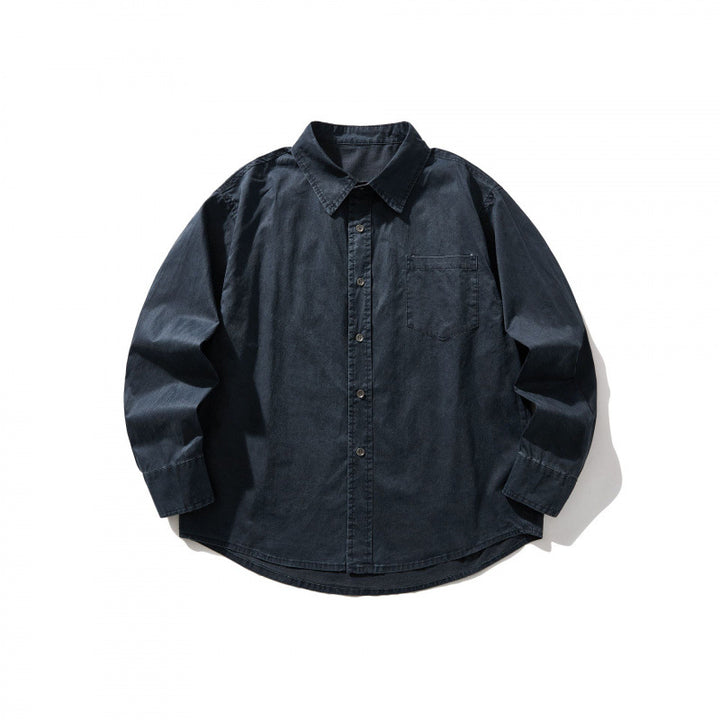 Unisex Oversize-Denim-Hemdjacke mit kastiger Silhouette, Brusttasche und gerundetem Saum Echo Archiv