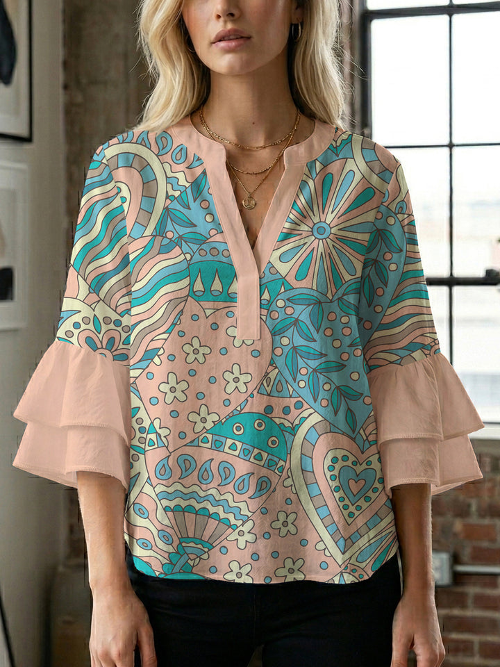 Damen elegantes Oberteil mit voluminösen Rüschensäumen und floralem Design Echo Archiv