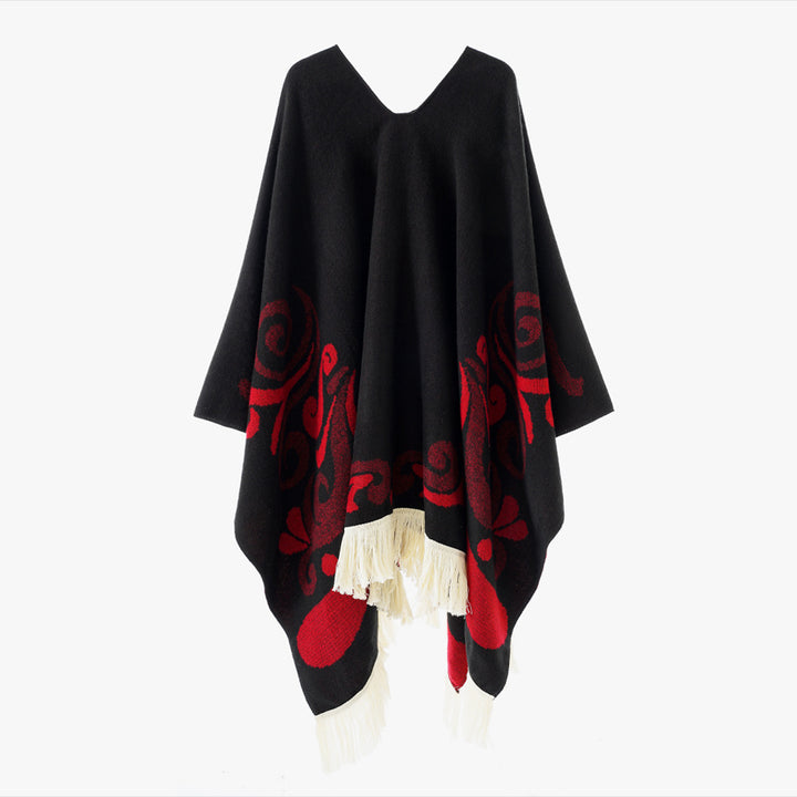 Damen Wollmix-Poncho im Umhangstil mit V-Ausschnitt, kontrastierendem Ornament-Jacquard und Fransen – Montévia