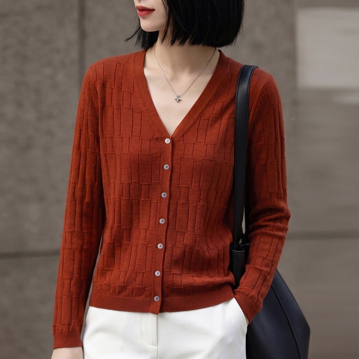 Damen V‑Ausschnitt-Feinstrickcardigan mit strukturierter Blockoptik und durchgehender Knopfleiste Echoarchiv